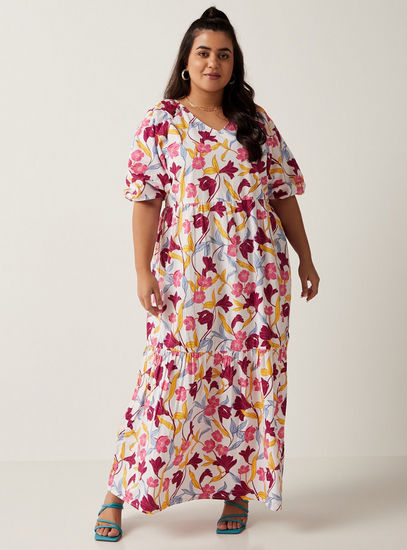 Floral Print V-neck Tiered Dress with Volume Sleeves