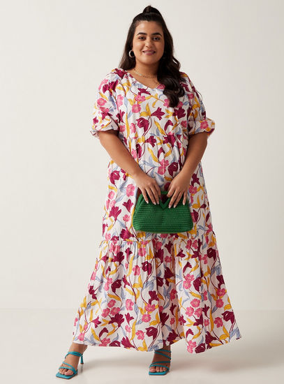 Floral Print V-neck Tiered Dress with Volume Sleeves