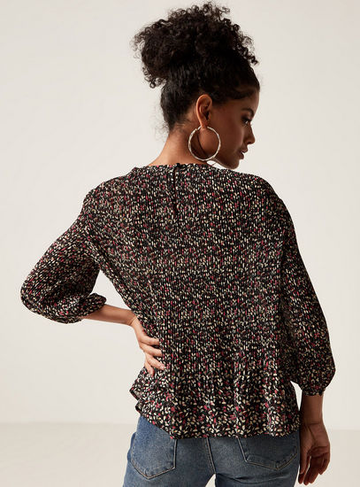 Printed Round Neck Top with Pleat Detail and 3/4 Sleeves