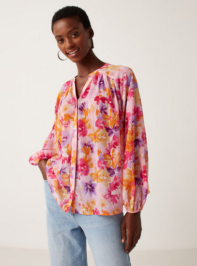 Printed V-neck Top with Long Sleeves
