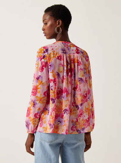 Printed V-neck Top with Long Sleeves