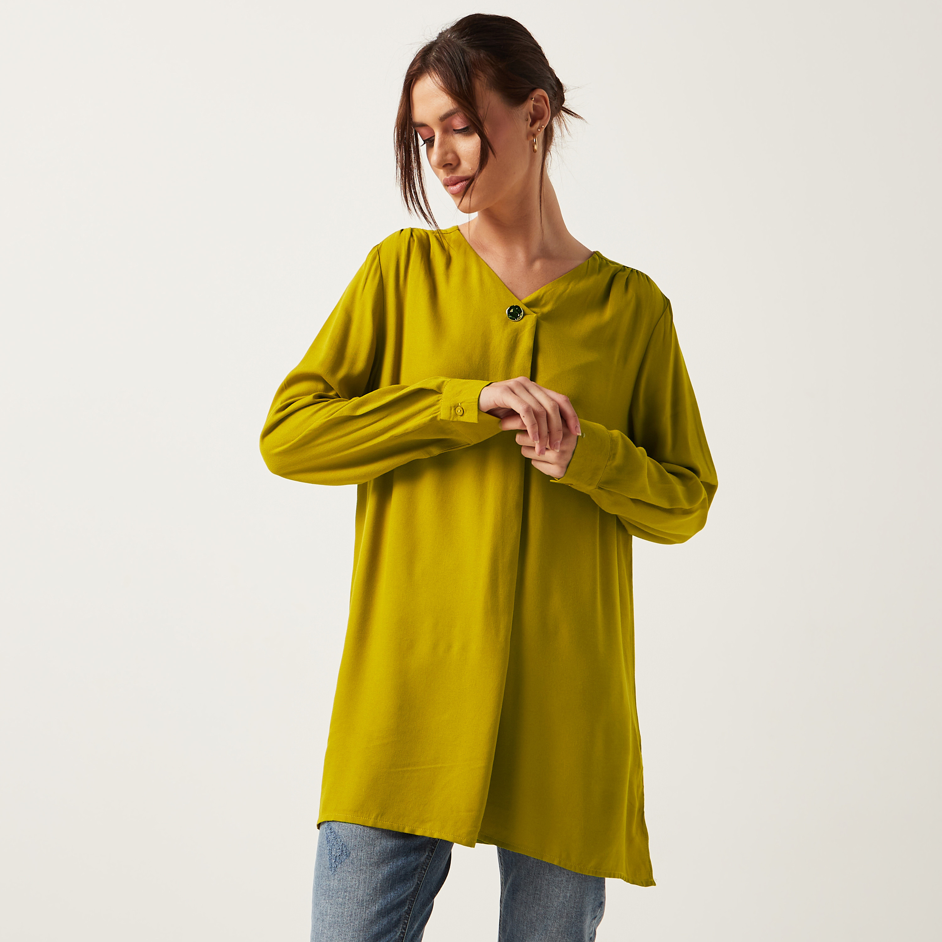 Longline Tunic Shop Plain Longline V-neck Tunic with Long Sleeves and Button Detail ...