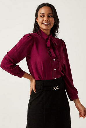 Solid Shirt with Spread Collar and Pussy Bow Detail