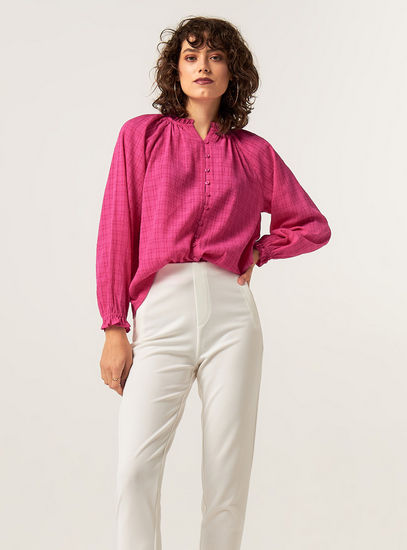 Textured Shirt with Ruffle Detail and Long Sleeves-Shirts & Blouses-image-0