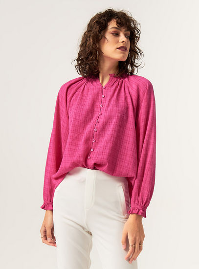 Textured Shirt with Ruffle Detail and Long Sleeves-Shirts & Blouses-image-1