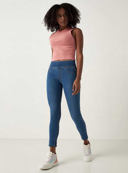 Solid Denim Jeggings with Elasticated Waistband