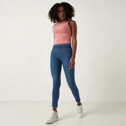 Solid Denim Jeggings with Elasticated Waistband