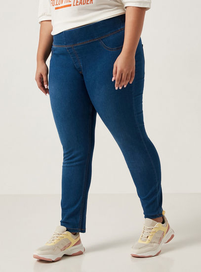 Solid Denim Jeggings with Elasticated Waistband-Jeggings-image-0