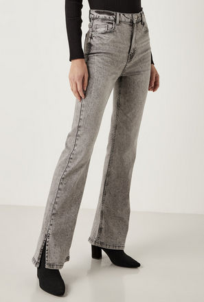 Solid Skinny Flared Fit Jeans with Button Closure and Slit Detail
