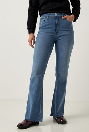 Ripped Flare Leg Jeans with Button Closure and Pockets