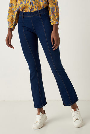 Solid Mid-Rise Bootcut Jeggings with Elasticated Waistband