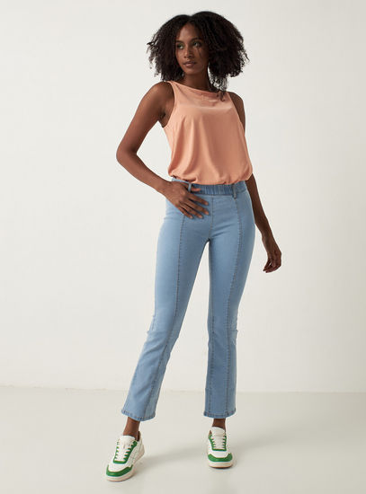 Solid Mid-Rise Bootcut Jeggings with Elasticated Waistband