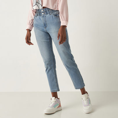 Solid BCI Cotton Mom Jeans with Paperbag Waist