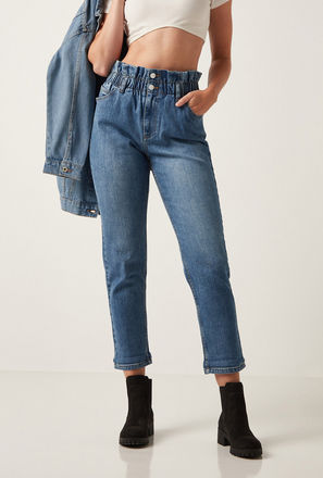 Solid Mom Jeans with Button Closure and Paper Bag Waist