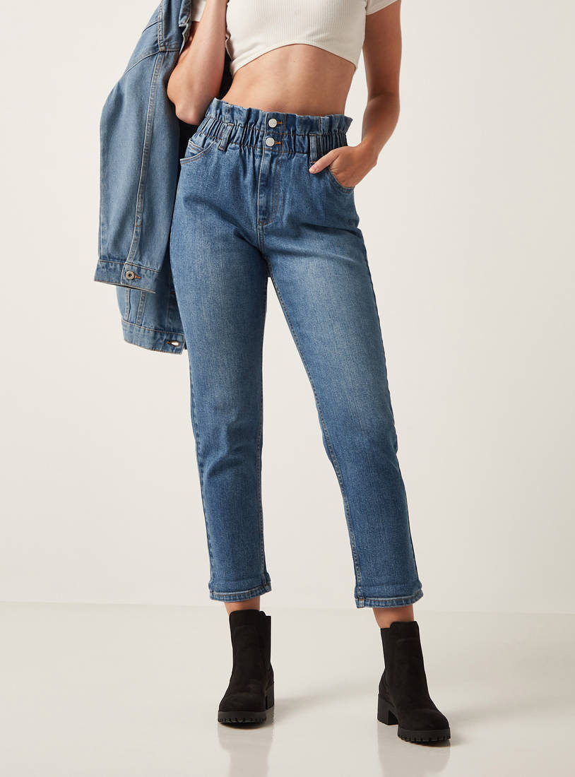 Solid Mom Jeans with Button Closure and Paper Bag Waist-Mom-image-0