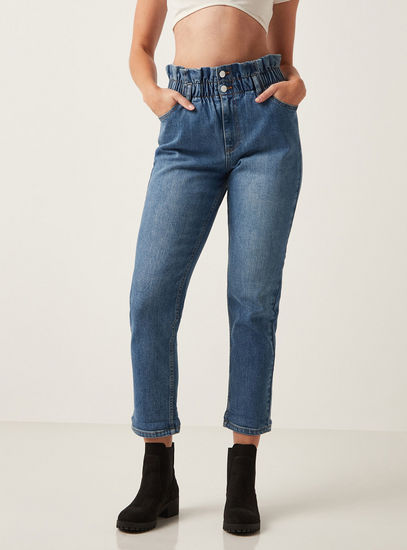 Solid Mom Jeans with Button Closure and Paper Bag Waist