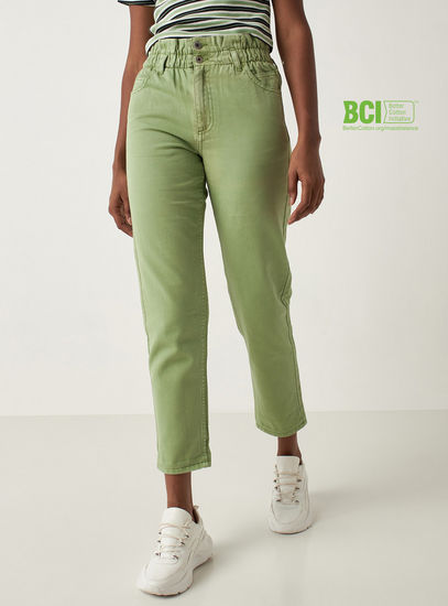 Solid Denim BCI Cotton Mom Jeans with Paper Bag Waist