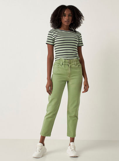 Solid Denim BCI Cotton Mom Jeans with Paper Bag Waist