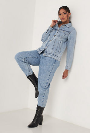 Solid Regular Fit Denim Jacket with Long Sleeves and Pockets