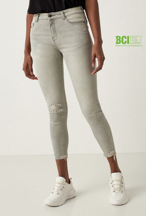 Solid BCI Cotton High-Rise Distressed Jeans with Button Closure
