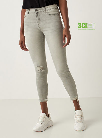 Solid BCI Cotton High-Rise Distressed Jeans with Button Closure