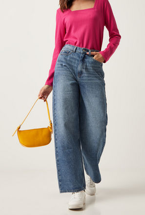 Solid Wide Leg Jeans with Button Closure and Pockets