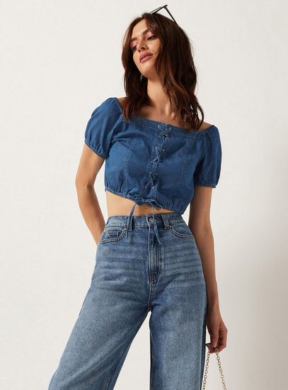 Denim Corset Crop Top with Short Sleeves and Tie-Up Detail