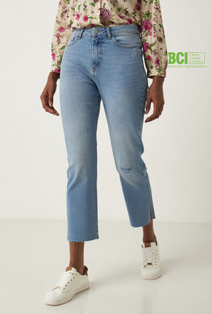 Solid BCI Cotton Straight Fit Jeans with Button Closure and Slits