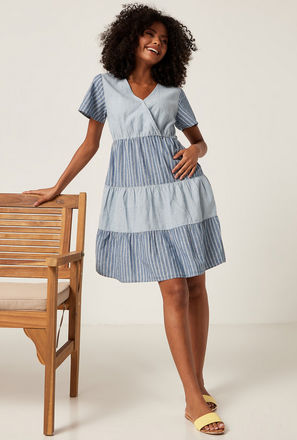 Striped Tiered Dress with V-neck and Short Sleeves