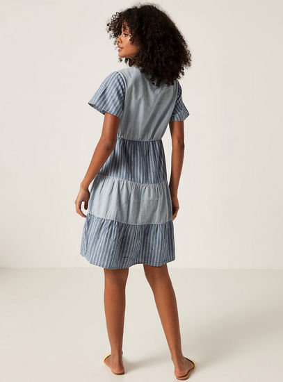 Striped Tiered Dress with V-neck and Short Sleeves