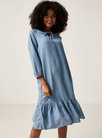 Solid Tiered Midi Dress with Three-Quarter Sleeves and Tie-Up Neck