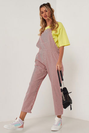 Striped Denim Dungarees with Pockets and Button Closure