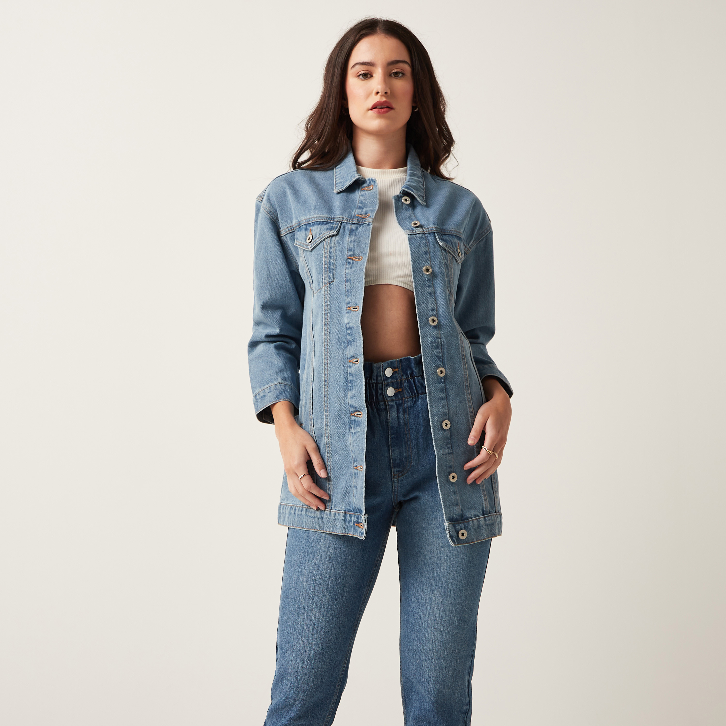 Long denim jacket with damages | GATE