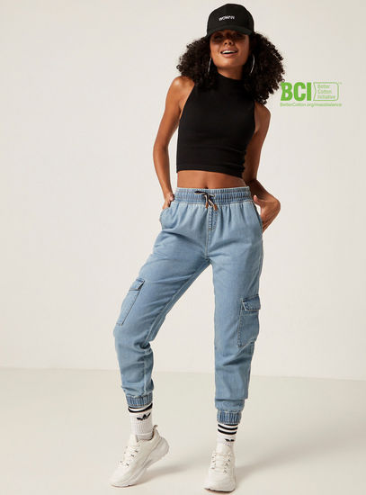 Solid BCI Cotton Denim Joggers with Drawstring Closure and Pockets