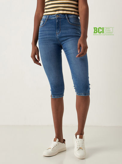 Solid Skinny Fit BCI Cotton Capri Jeans with Button Closure