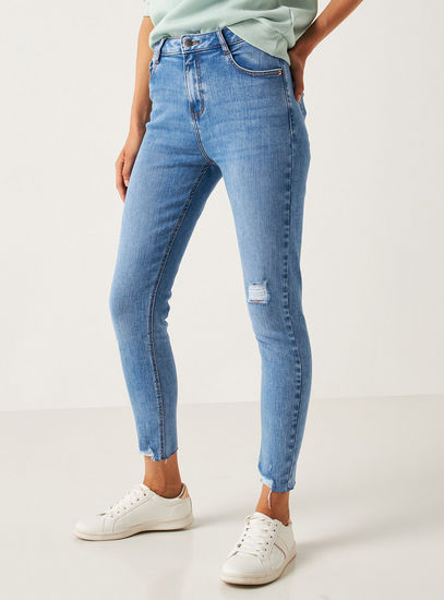 Ripped BCI Cotton Mid-Rise Jeans with Button Closure