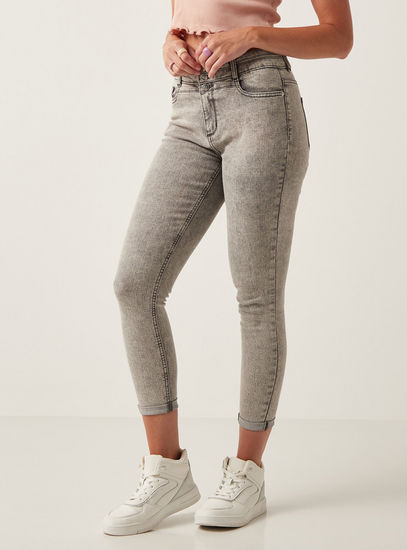 Solid Skinny Fit High-Rise Jeans with Button Closure and Pockets