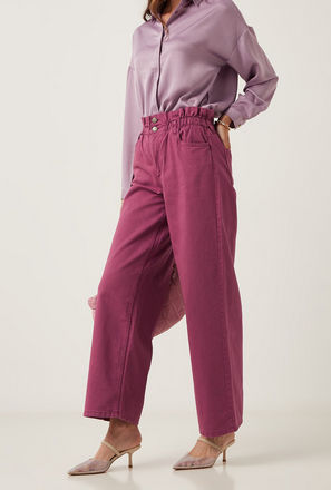 Solid Wide Leg Pants with Paperbag Waist and Pockets