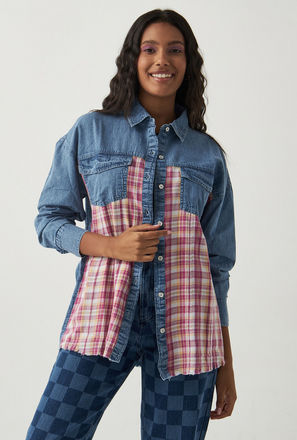 Panelled Denim Shacket with Long Sleeves and Pocket