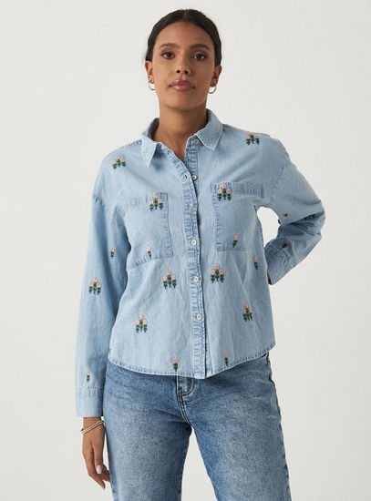 All-Over Floral Embroidered Denim Shirt with Long Sleeves and Chest Pockets
