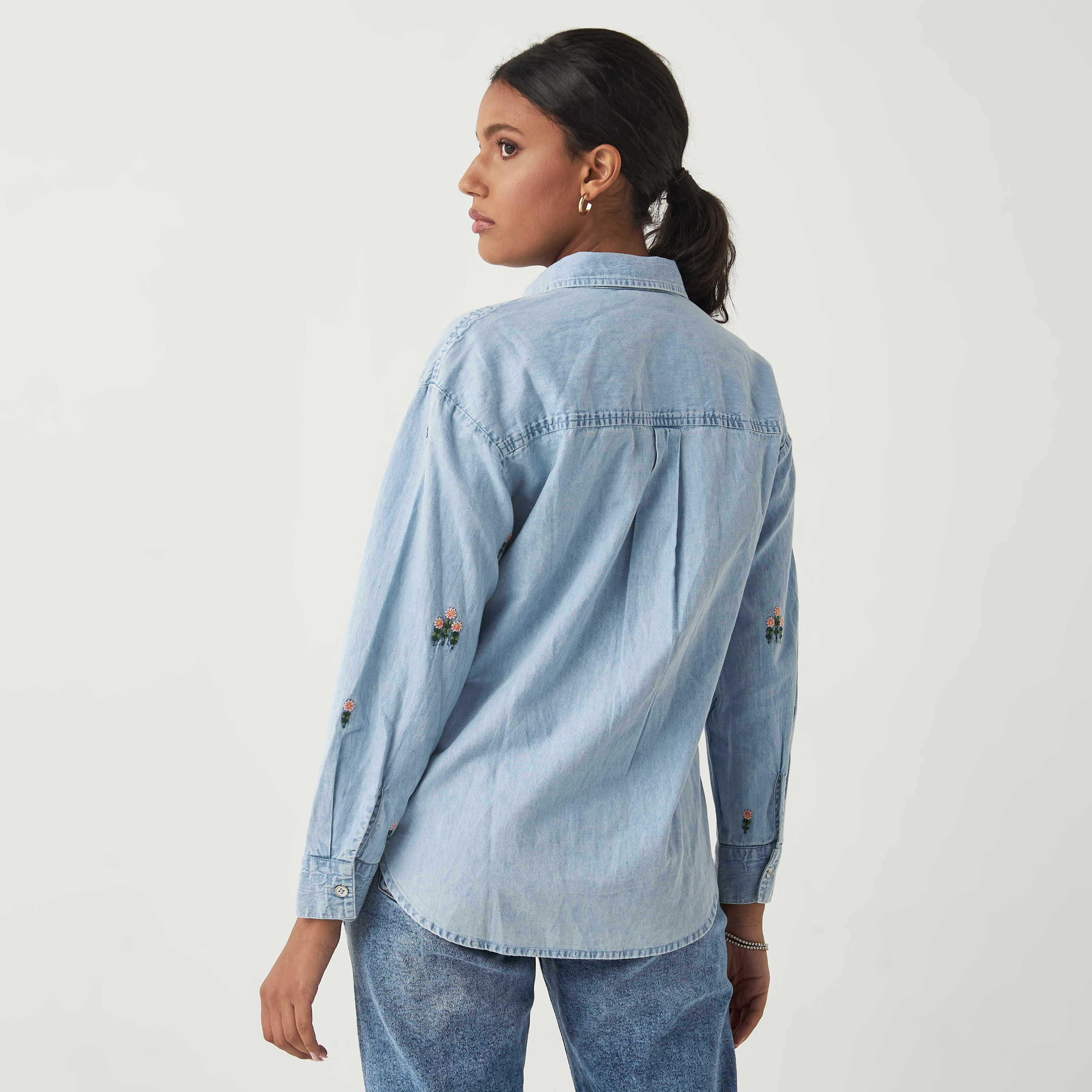 Shop All-Over Floral Embroidered Denim Shirt with Long Sleeves and