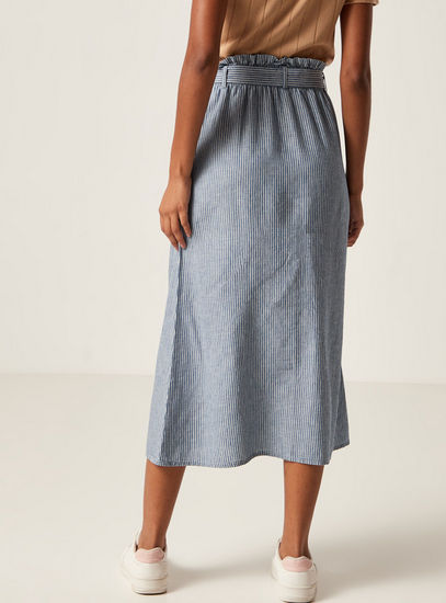 Striped Midi Skirt with Tie-Up Belt and Pockets