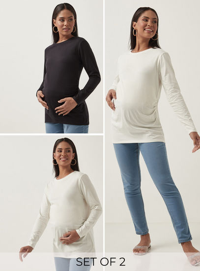 Set of 2 - Solid Round Neck Maternity T-shirt with Long Sleeves-Tops & T-shirts-image-0
