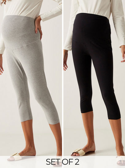 Set of 2 - Solid Maternity 3/4 Leggings with Elasticised Waistband-Jeans, Pants & Leggings-image-0
