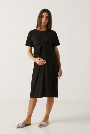 Solid Maternity Dress with Round Neck and Belt Tie-Up Detail