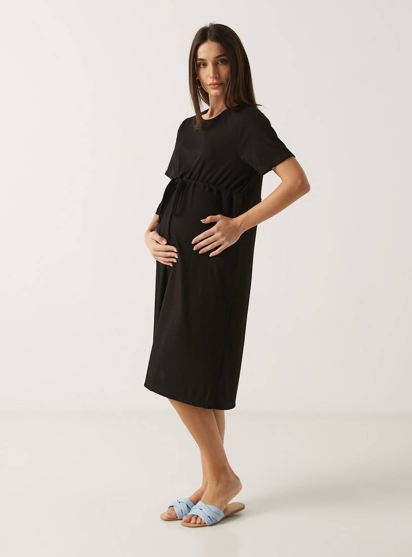 Solid Maternity Dress with Round Neck and Belt Tie-Up Detail-Midi-image-1