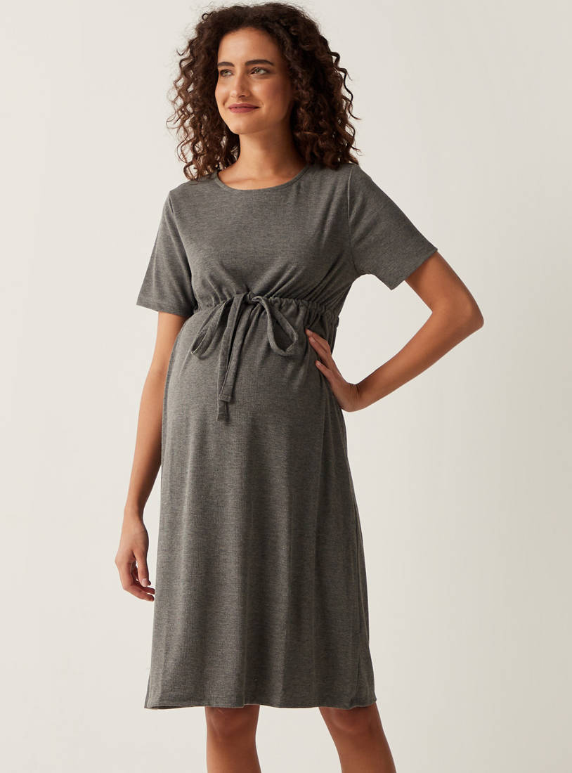 Textured Round Neck Maternity Dress with Short Sleeves and Tie-Ups-Knee-image-1