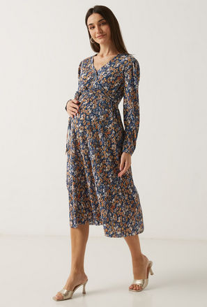 Pleated Floral Print Tiered Maternity Dress with Tie-Up Belt