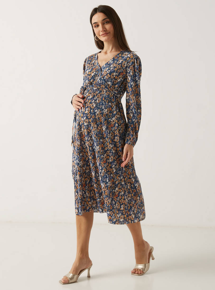 Pleated Floral Print Tiered Maternity Dress with Tie-Up Belt-Midi-image-0