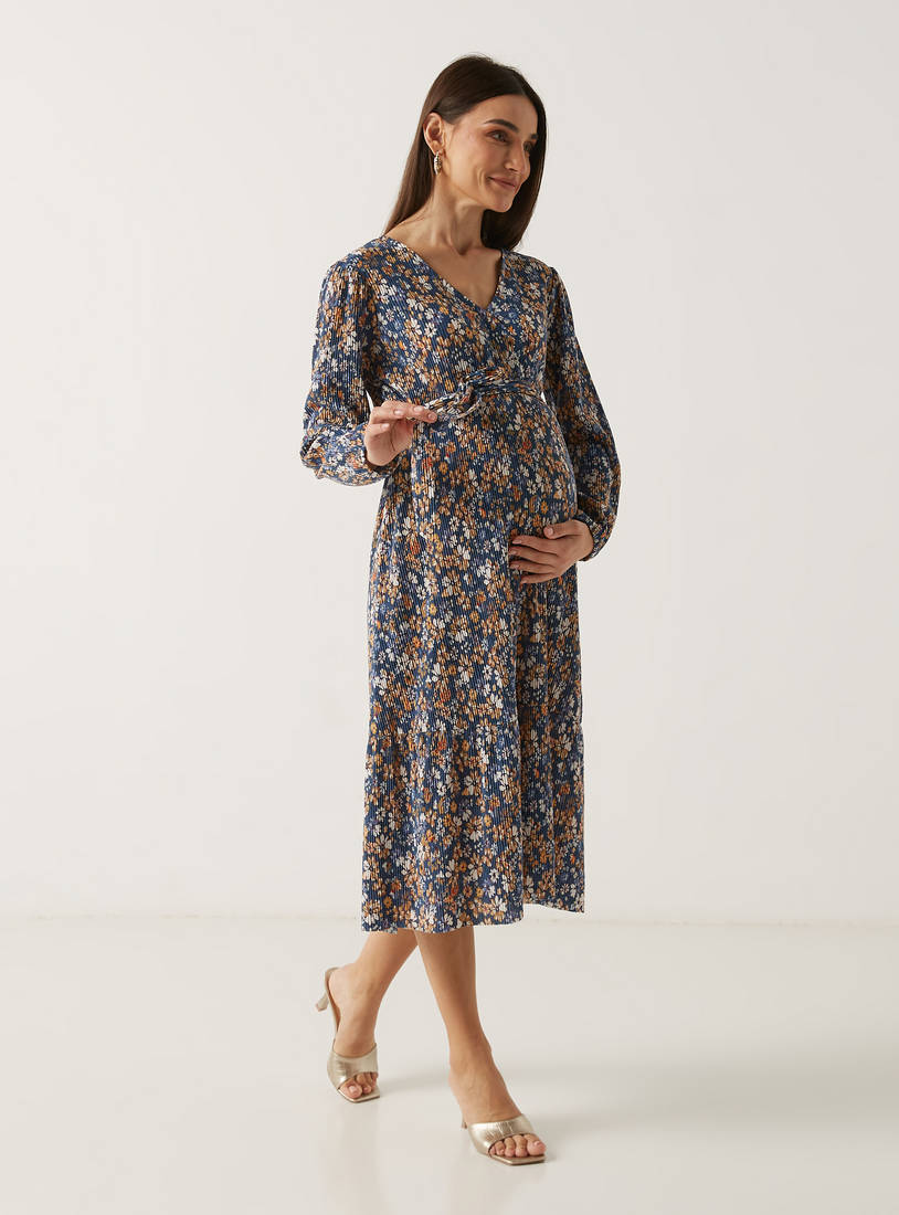 Pleated Floral Print Tiered Maternity Dress with Tie-Up Belt-Midi-image-1